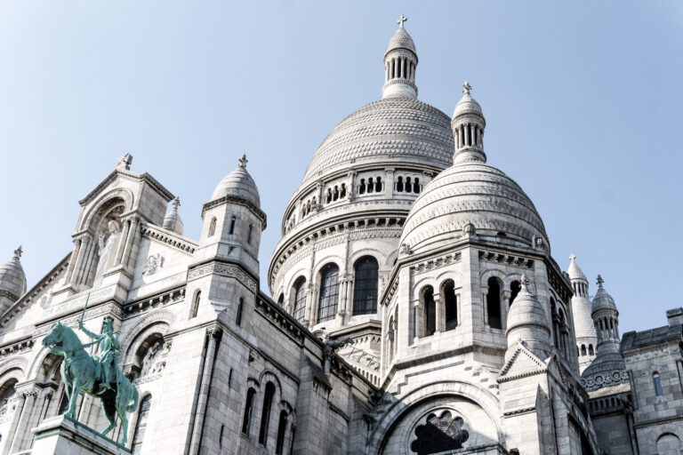 Beautiful low angle shot of the famous Sacre Coeur cathedral in Paris, France